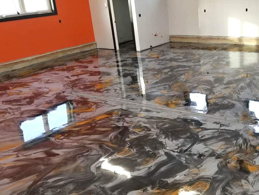 metallic floor with orange in a garage