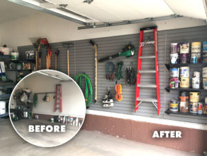 before and after shot of an unorganized garage and an organized garage